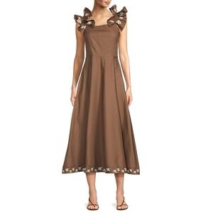 Fanm Mon Alanya A-Line Midi Dress Medium Brown Artisan Handmade Embroidered Fall